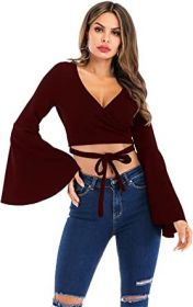 Women's Sexy Tie Up Crop Top Ladies Flared Sleeve Deep V Neck Casual Basic T Shirt (Color: RED-XL)