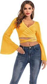 Women's Sexy Tie Up Crop Top Ladies Flared Sleeve Deep V Neck Casual Basic T Shirt (Color: YELLOW-M)