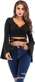 Women's Sexy Tie Up Crop Top Ladies Flared Sleeve Deep V Neck Casual Basic T Shirt (Color: BLACK-S)