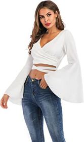 Women's Sexy Tie Up Crop Top Ladies Flared Sleeve Deep V Neck Casual Basic T Shirt (Color: WHITE-XL)